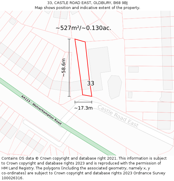 33, CASTLE ROAD EAST, OLDBURY, B68 9BJ: Plot and title map