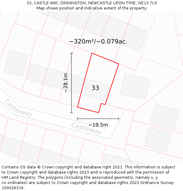 33, CASTLE WAY, DINNINGTON, NEWCASTLE UPON TYNE, NE13 7LS: Plot and title map