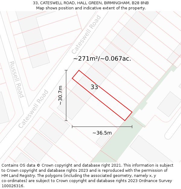 33, CATESWELL ROAD, HALL GREEN, BIRMINGHAM, B28 8NB: Plot and title map