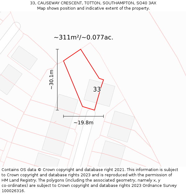 33, CAUSEWAY CRESCENT, TOTTON, SOUTHAMPTON, SO40 3AX: Plot and title map