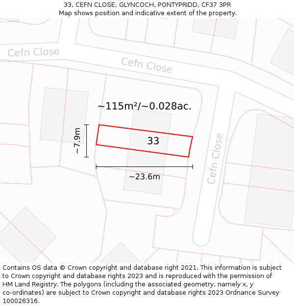 33, CEFN CLOSE, GLYNCOCH, PONTYPRIDD, CF37 3PR: Plot and title map