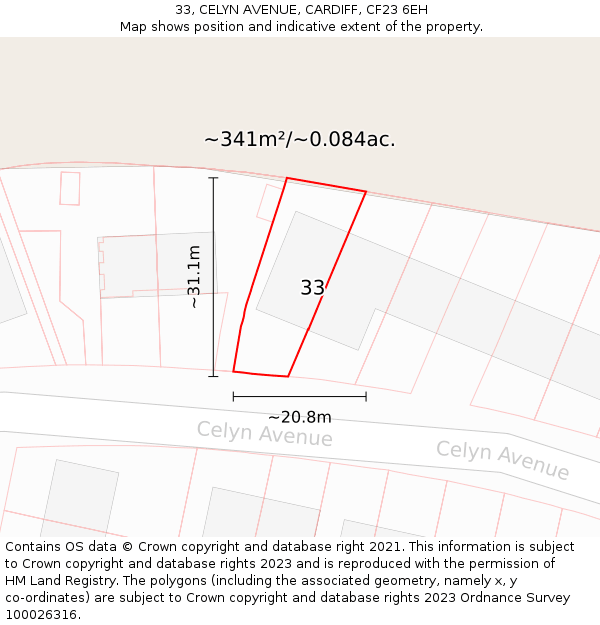 33, CELYN AVENUE, CARDIFF, CF23 6EH: Plot and title map