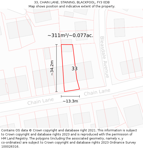 33, CHAIN LANE, STAINING, BLACKPOOL, FY3 0DB: Plot and title map