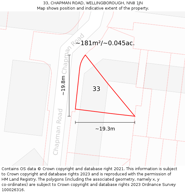 33, CHAPMAN ROAD, WELLINGBOROUGH, NN8 1JN: Plot and title map