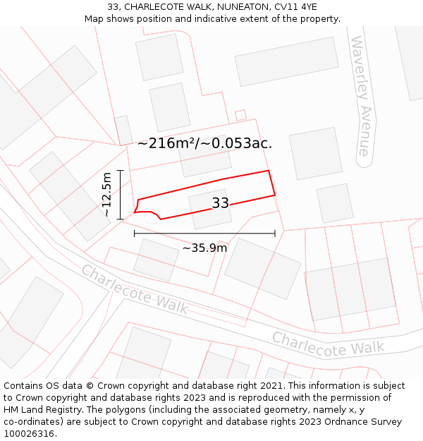 33, CHARLECOTE WALK, NUNEATON, CV11 4YE: Plot and title map