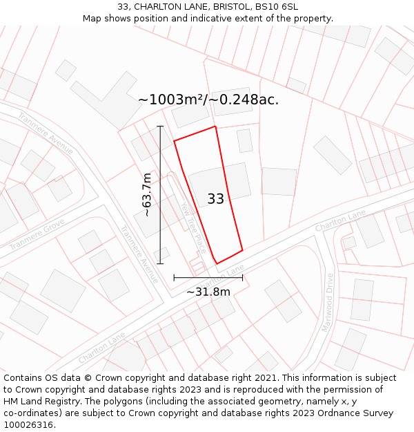 33, CHARLTON LANE, BRISTOL, BS10 6SL: Plot and title map