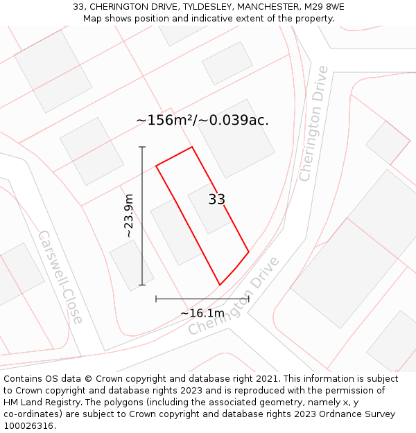 33, CHERINGTON DRIVE, TYLDESLEY, MANCHESTER, M29 8WE: Plot and title map