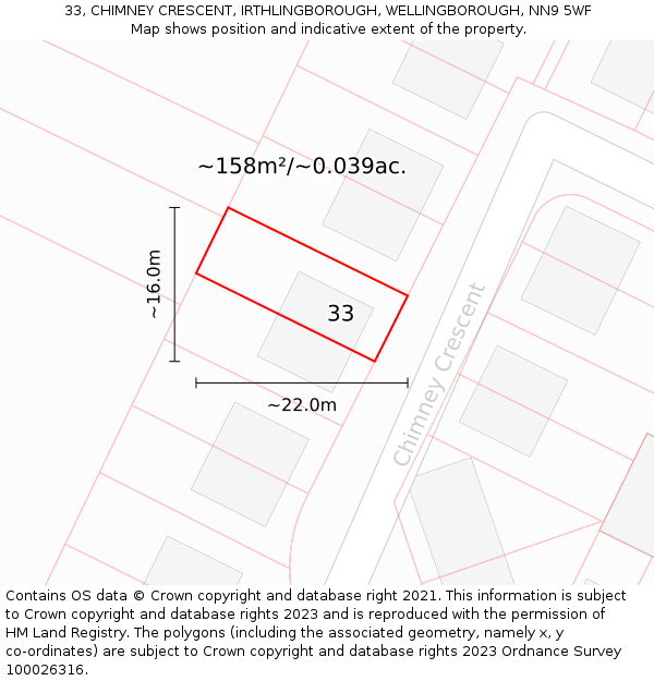 33, CHIMNEY CRESCENT, IRTHLINGBOROUGH, WELLINGBOROUGH, NN9 5WF: Plot and title map