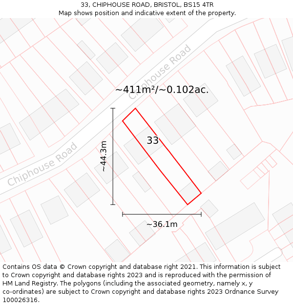 33, CHIPHOUSE ROAD, BRISTOL, BS15 4TR: Plot and title map