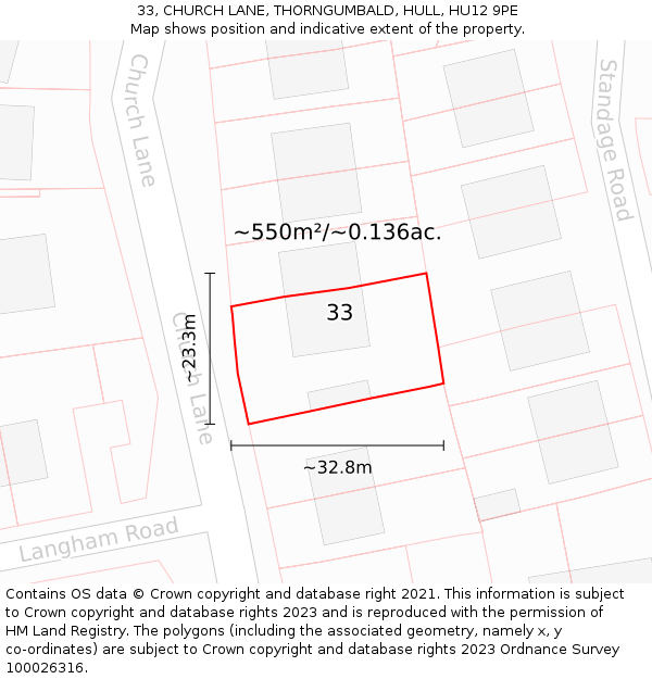 33, CHURCH LANE, THORNGUMBALD, HULL, HU12 9PE: Plot and title map