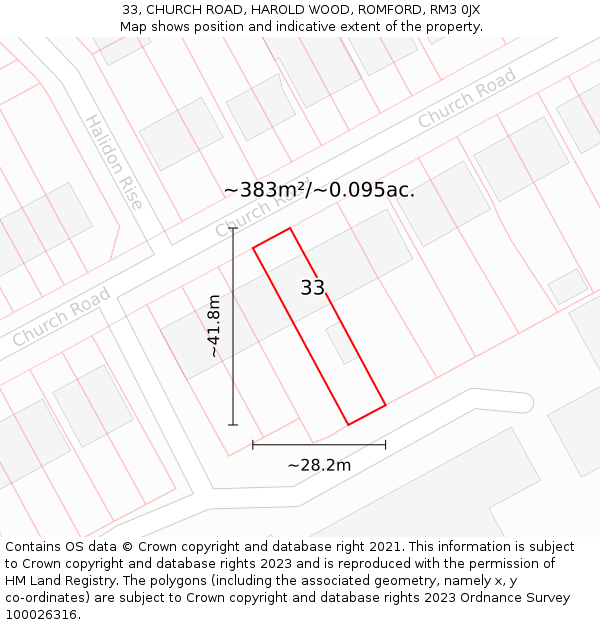 33, CHURCH ROAD, HAROLD WOOD, ROMFORD, RM3 0JX: Plot and title map