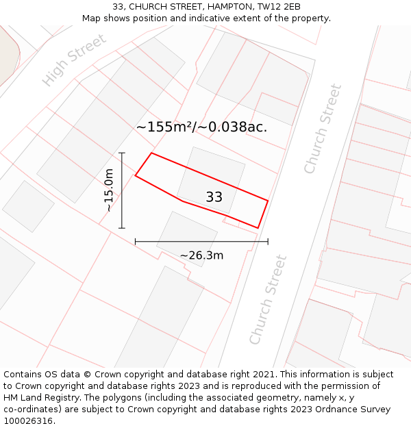 33, CHURCH STREET, HAMPTON, TW12 2EB: Plot and title map