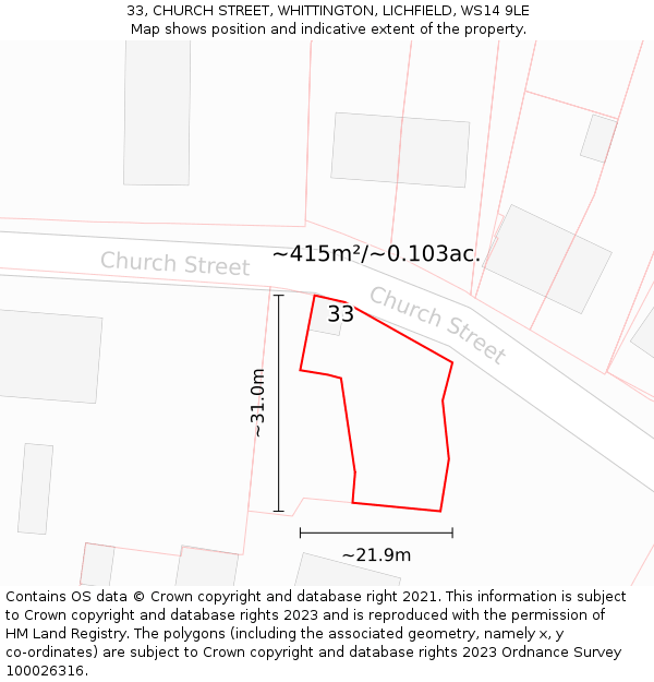 33, CHURCH STREET, WHITTINGTON, LICHFIELD, WS14 9LE: Plot and title map