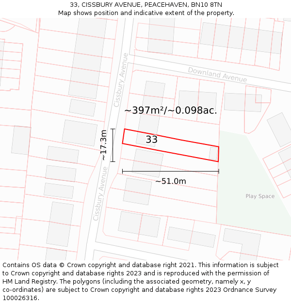 33, CISSBURY AVENUE, PEACEHAVEN, BN10 8TN: Plot and title map