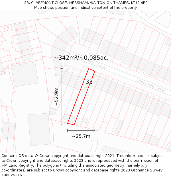 33, CLAREMONT CLOSE, HERSHAM, WALTON-ON-THAMES, KT12 4RP: Plot and title map