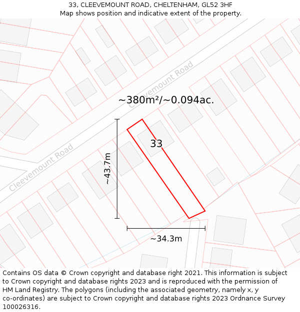 33, CLEEVEMOUNT ROAD, CHELTENHAM, GL52 3HF: Plot and title map