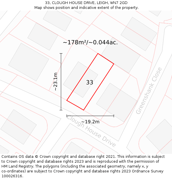 33, CLOUGH HOUSE DRIVE, LEIGH, WN7 2GD: Plot and title map