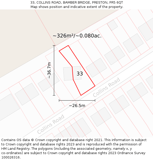33, COLLINS ROAD, BAMBER BRIDGE, PRESTON, PR5 6QT: Plot and title map