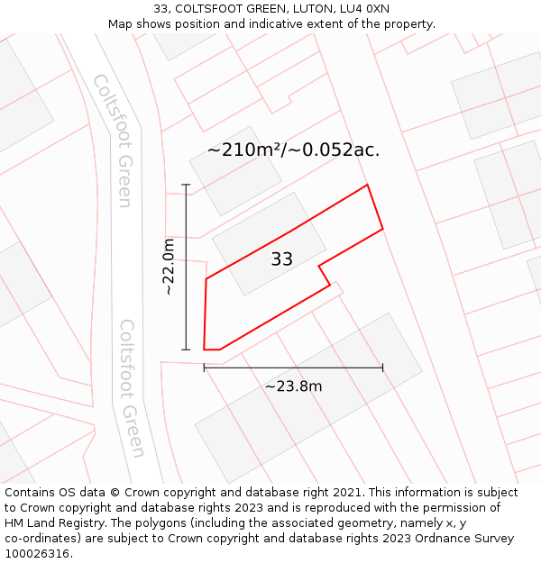 33, COLTSFOOT GREEN, LUTON, LU4 0XN: Plot and title map