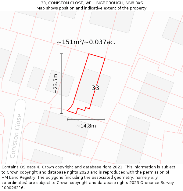 33, CONISTON CLOSE, WELLINGBOROUGH, NN8 3XS: Plot and title map