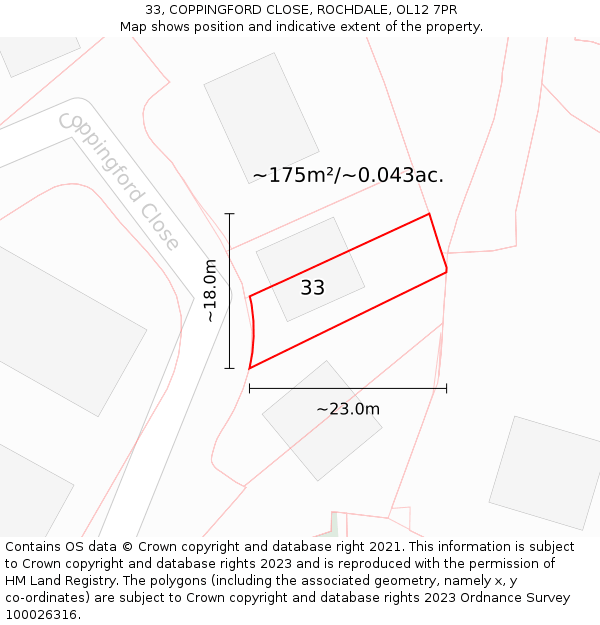 33, COPPINGFORD CLOSE, ROCHDALE, OL12 7PR: Plot and title map