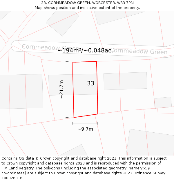 33, CORNMEADOW GREEN, WORCESTER, WR3 7PN: Plot and title map