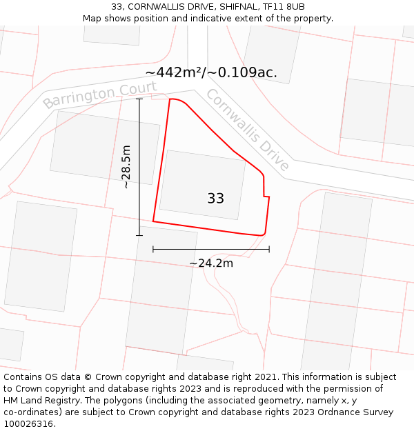 33, CORNWALLIS DRIVE, SHIFNAL, TF11 8UB: Plot and title map