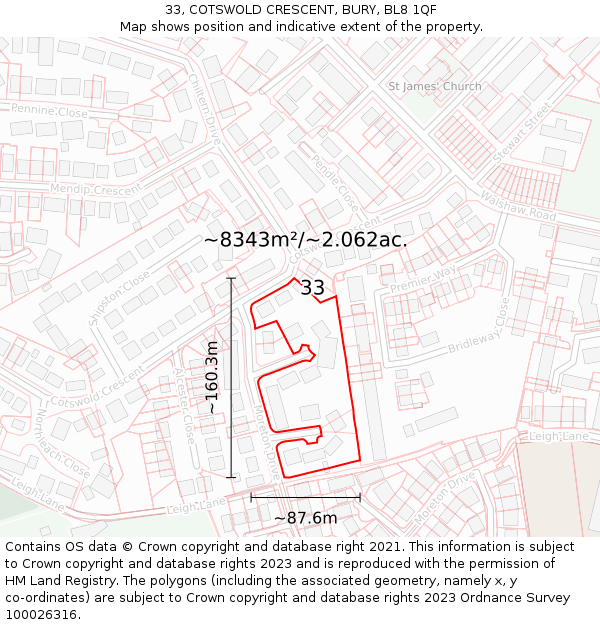 33, COTSWOLD CRESCENT, BURY, BL8 1QF: Plot and title map