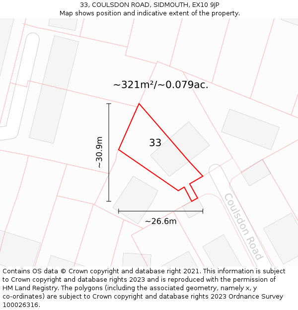 33, COULSDON ROAD, SIDMOUTH, EX10 9JP: Plot and title map
