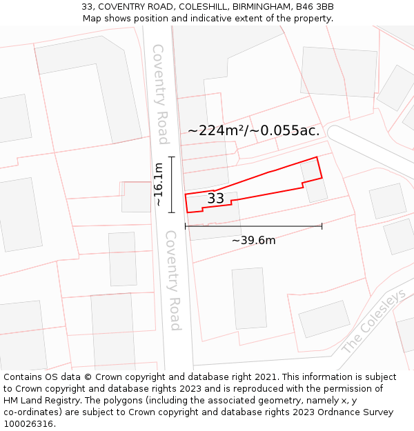 33, COVENTRY ROAD, COLESHILL, BIRMINGHAM, B46 3BB: Plot and title map