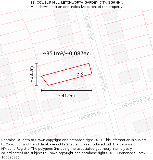 33, COWSLIP HILL, LETCHWORTH GARDEN CITY, SG6 4HN: Plot and title map