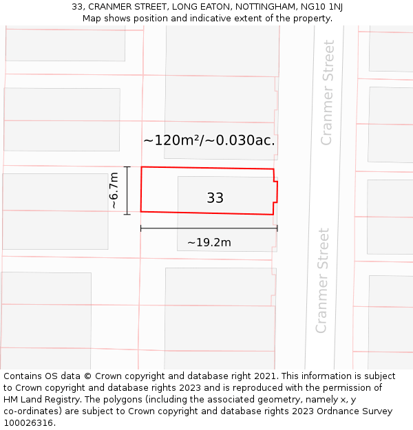 33, CRANMER STREET, LONG EATON, NOTTINGHAM, NG10 1NJ: Plot and title map