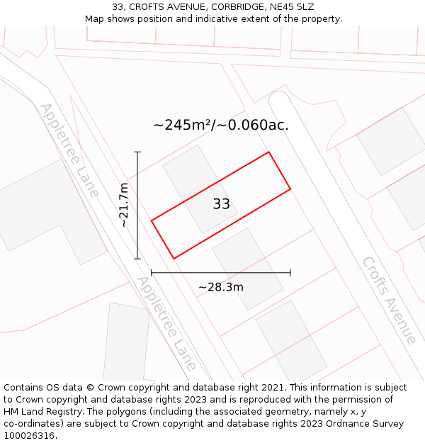 33, CROFTS AVENUE, CORBRIDGE, NE45 5LZ: Plot and title map