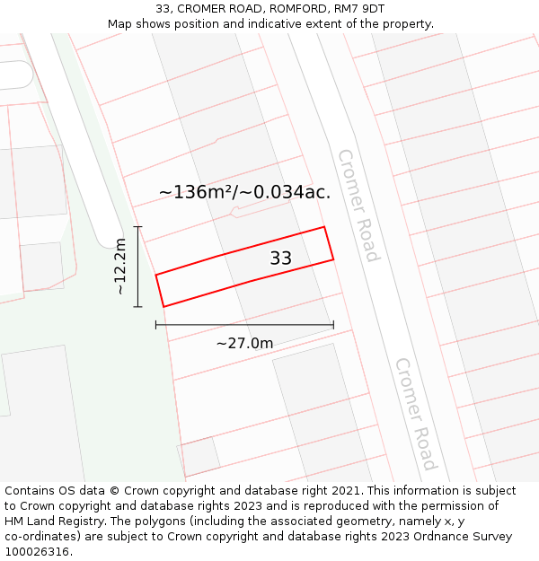 33, CROMER ROAD, ROMFORD, RM7 9DT: Plot and title map