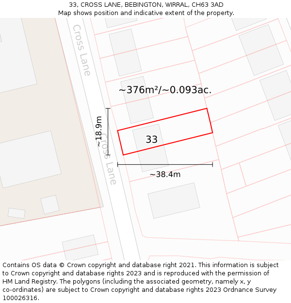 33, CROSS LANE, BEBINGTON, WIRRAL, CH63 3AD: Plot and title map