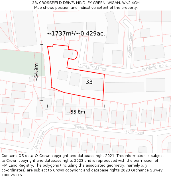 33, CROSSFIELD DRIVE, HINDLEY GREEN, WIGAN, WN2 4GH: Plot and title map