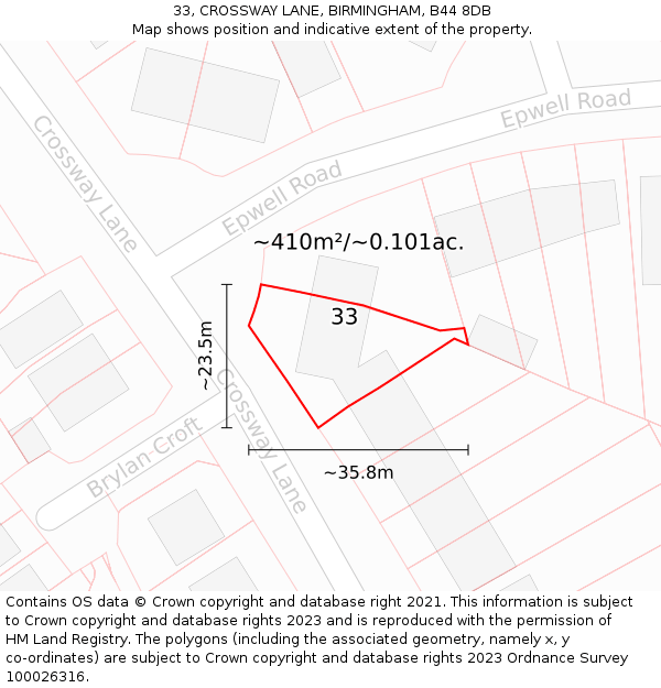 33, CROSSWAY LANE, BIRMINGHAM, B44 8DB: Plot and title map