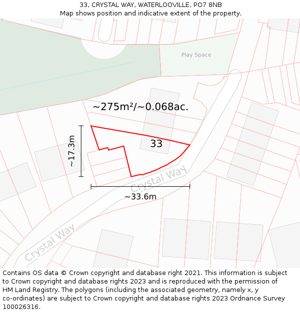 33, CRYSTAL WAY, WATERLOOVILLE, PO7 8NB: Plot and title map