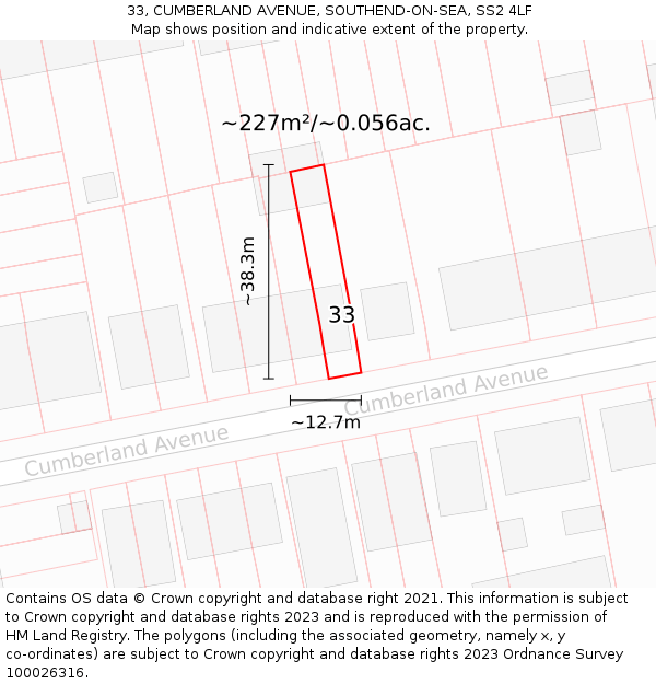 33, CUMBERLAND AVENUE, SOUTHEND-ON-SEA, SS2 4LF: Plot and title map