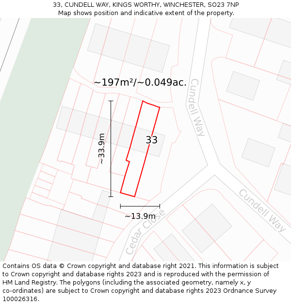 33, CUNDELL WAY, KINGS WORTHY, WINCHESTER, SO23 7NP: Plot and title map