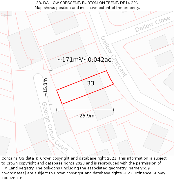 33, DALLOW CRESCENT, BURTON-ON-TRENT, DE14 2PN: Plot and title map