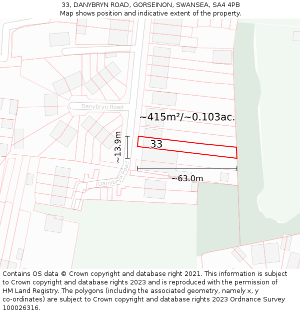 33, DANYBRYN ROAD, GORSEINON, SWANSEA, SA4 4PB: Plot and title map