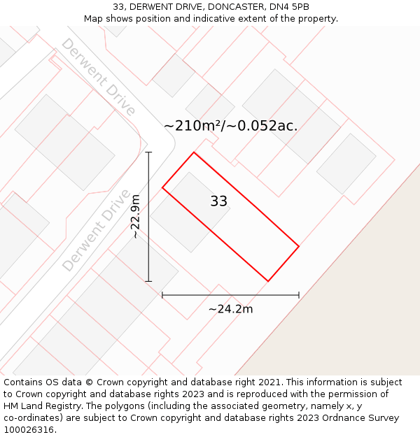 33, DERWENT DRIVE, DONCASTER, DN4 5PB: Plot and title map