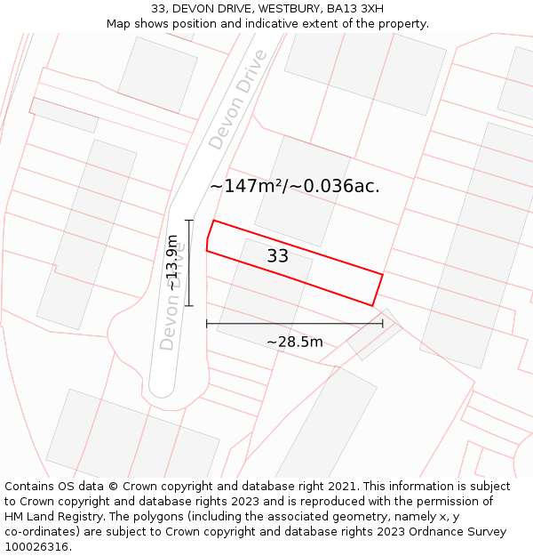 33, DEVON DRIVE, WESTBURY, BA13 3XH: Plot and title map