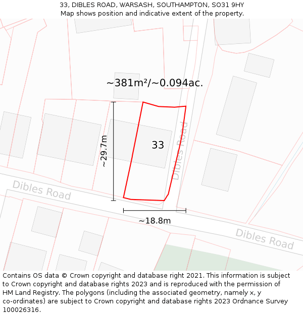 33, DIBLES ROAD, WARSASH, SOUTHAMPTON, SO31 9HY: Plot and title map