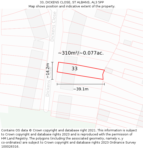 33, DICKENS CLOSE, ST ALBANS, AL3 5PP: Plot and title map