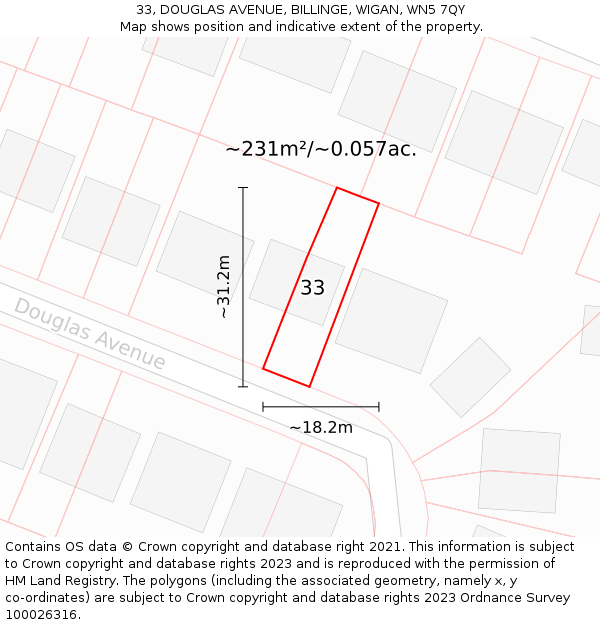 33, DOUGLAS AVENUE, BILLINGE, WIGAN, WN5 7QY: Plot and title map