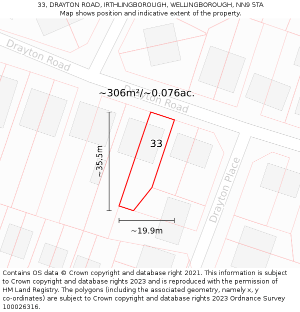 33, DRAYTON ROAD, IRTHLINGBOROUGH, WELLINGBOROUGH, NN9 5TA: Plot and title map