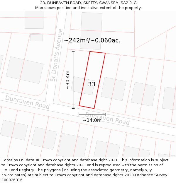 33, DUNRAVEN ROAD, SKETTY, SWANSEA, SA2 9LG: Plot and title map