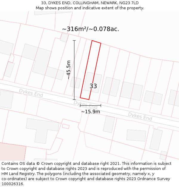 33, DYKES END, COLLINGHAM, NEWARK, NG23 7LD: Plot and title map